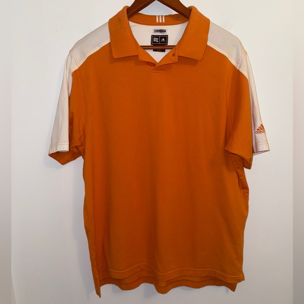 🧡 Adidas ClimaLite Orange & White Colorblock Polo Shirt – Men’s L - Picture 2 of 14